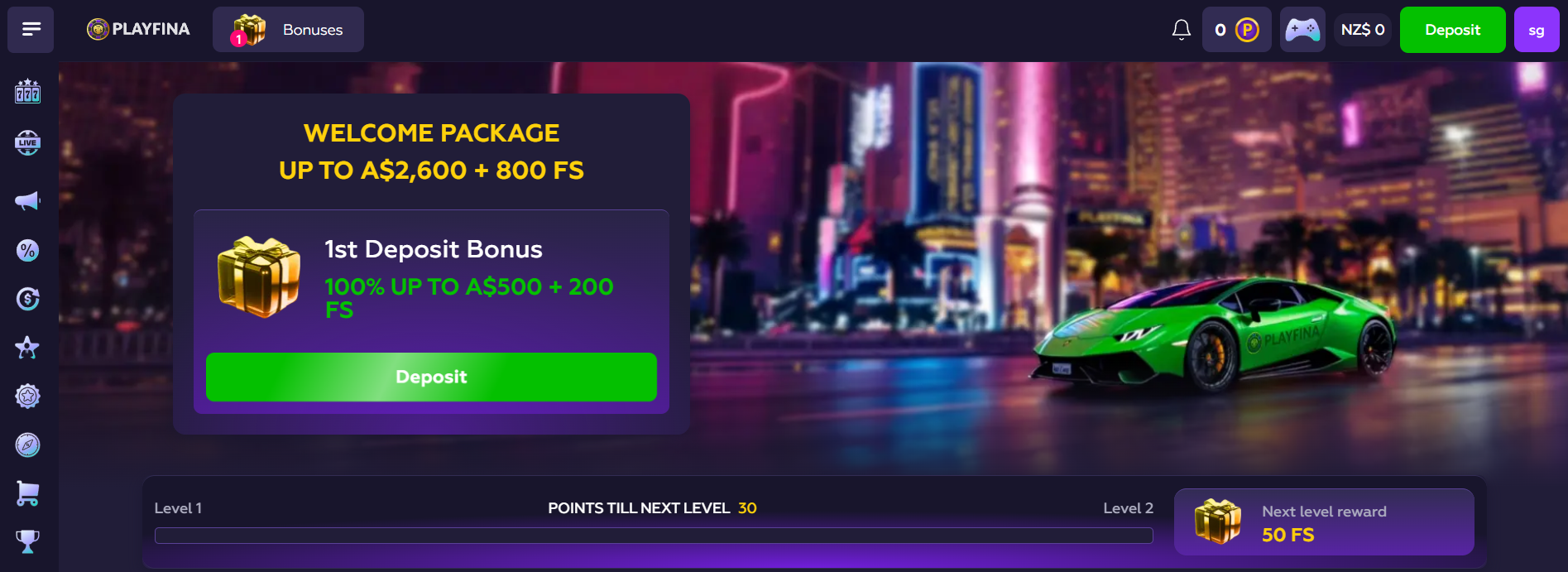 Playfina casino interface